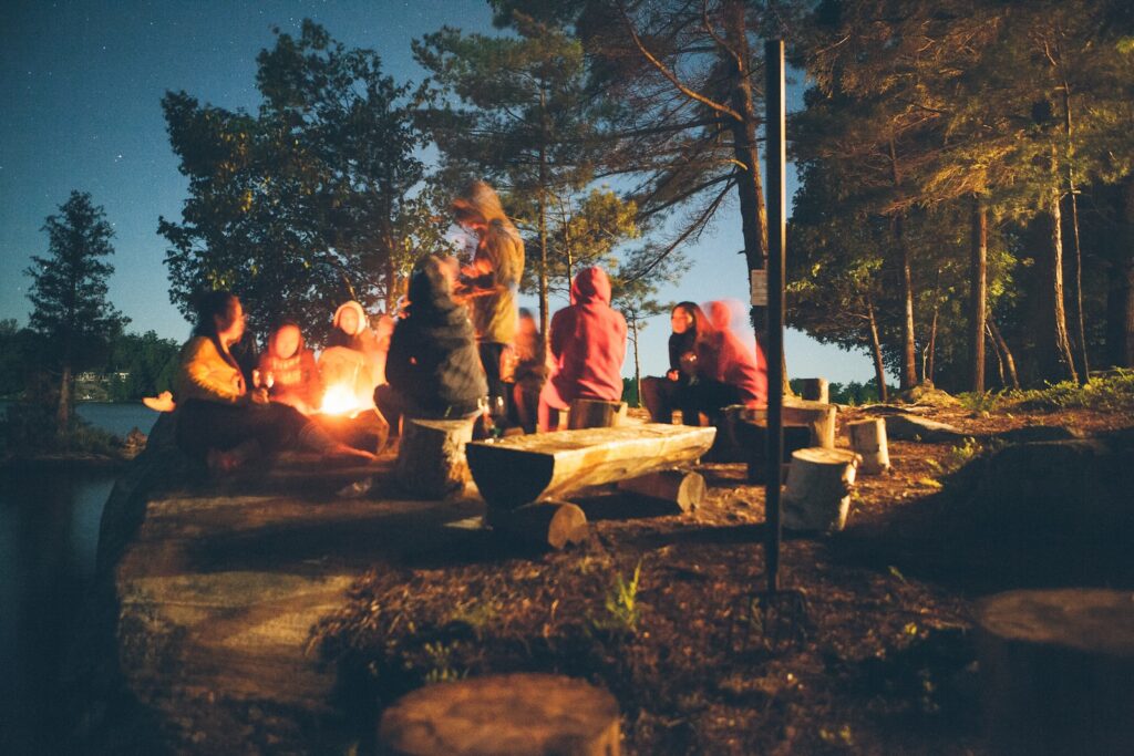 Gruppe von Menschen in der Nähe eines Lagerfeuers in der Nähe von Bäumen während der Nacht